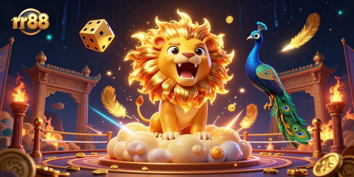 Experience thrilling casino action with rr88's vibrant 3D illustration featuring golden lions and dice