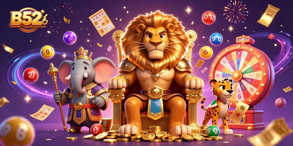B52Club showcases a fierce lion king and advisors amidst colorful gambling elements in a vibrant 3D casino scene.