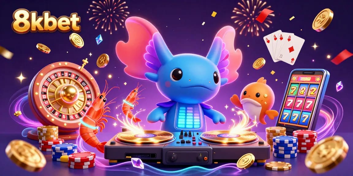 Join the excitement at 8kbet with neon-themed characters enjoying casino games and celebrations.