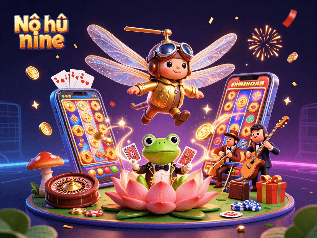 Nổ hũ nine showcases thrilling casino action with vibrant characters dealing cards in a lively setting.