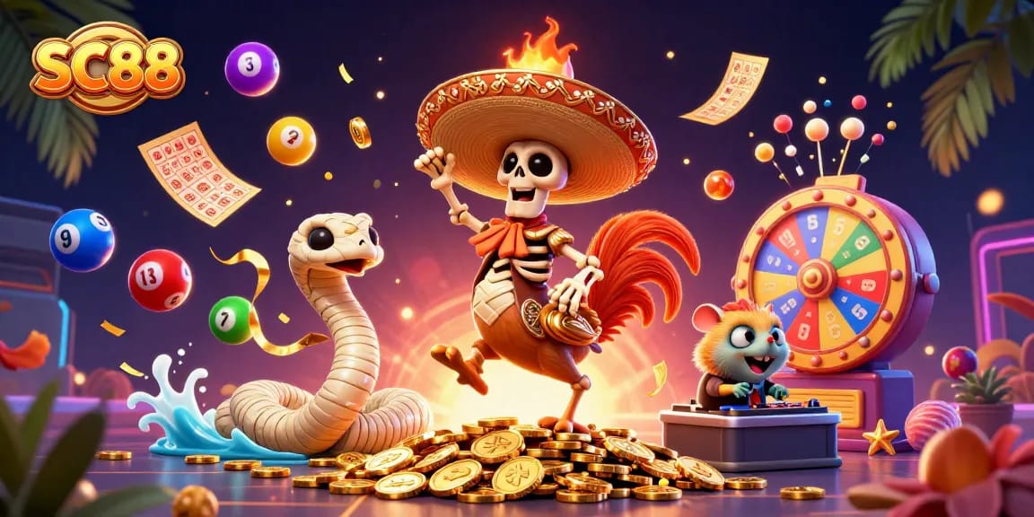 SC88 casino illustration featuring vibrant characters and dynamic gaming elements.