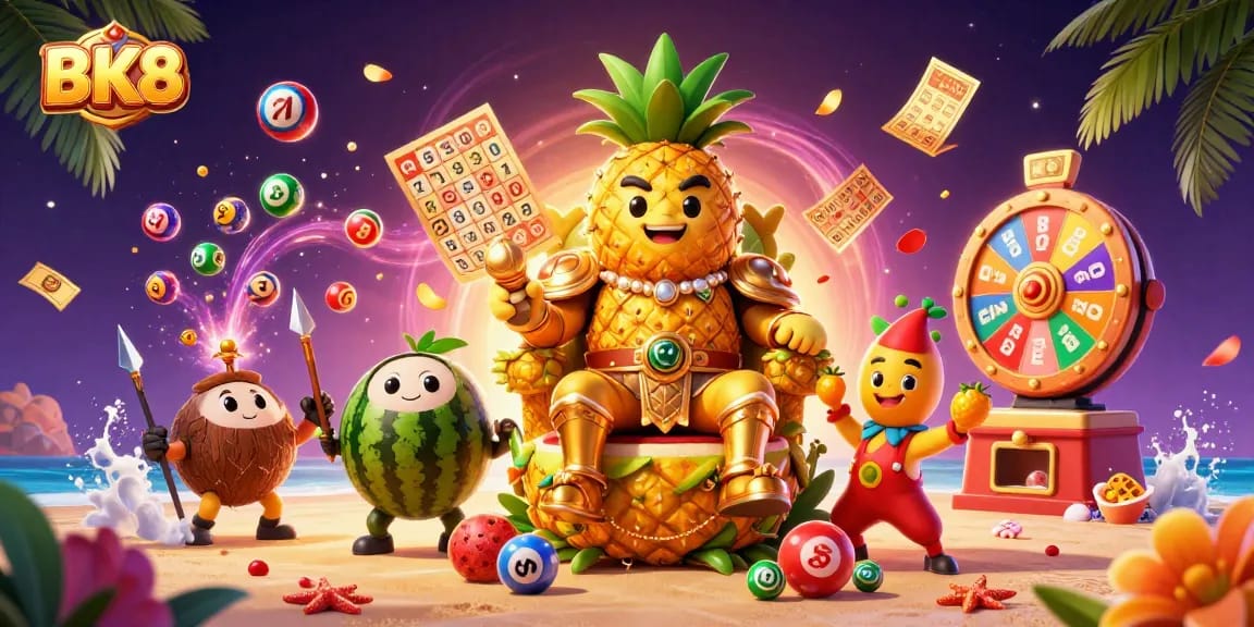 Experience exciting gaming adventures on BK8 with a vibrant beach casino scene showcasing themed characters and games.
