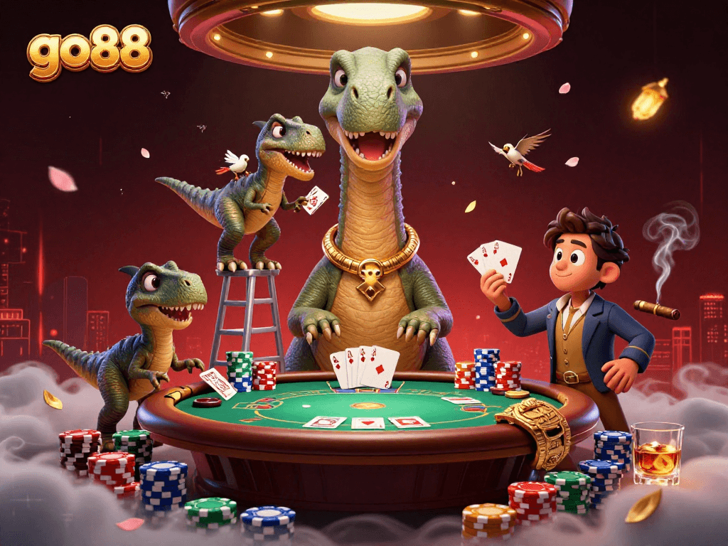 Engage with go88's vibrant casino scene featuring a brontosaurus, poker elements, and stunning visuals.