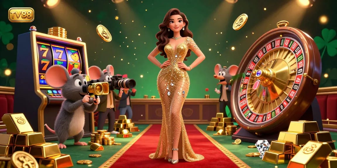 Experience thrilling gaming at TV88 with a glamorous scene showcasing a stunning casino setup filled with slot reels and a vibrant roulette wheel.