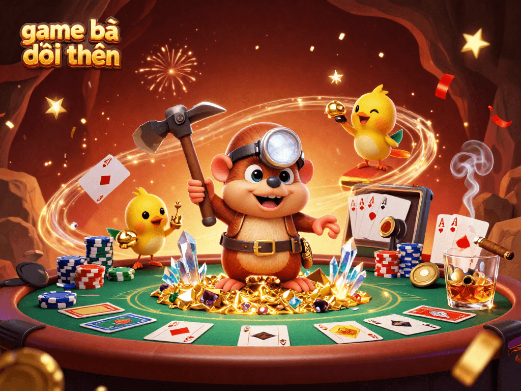 Experience thrilling game bài đổi thưởng moments with a vibrant poker scene and treasure hunter characters.