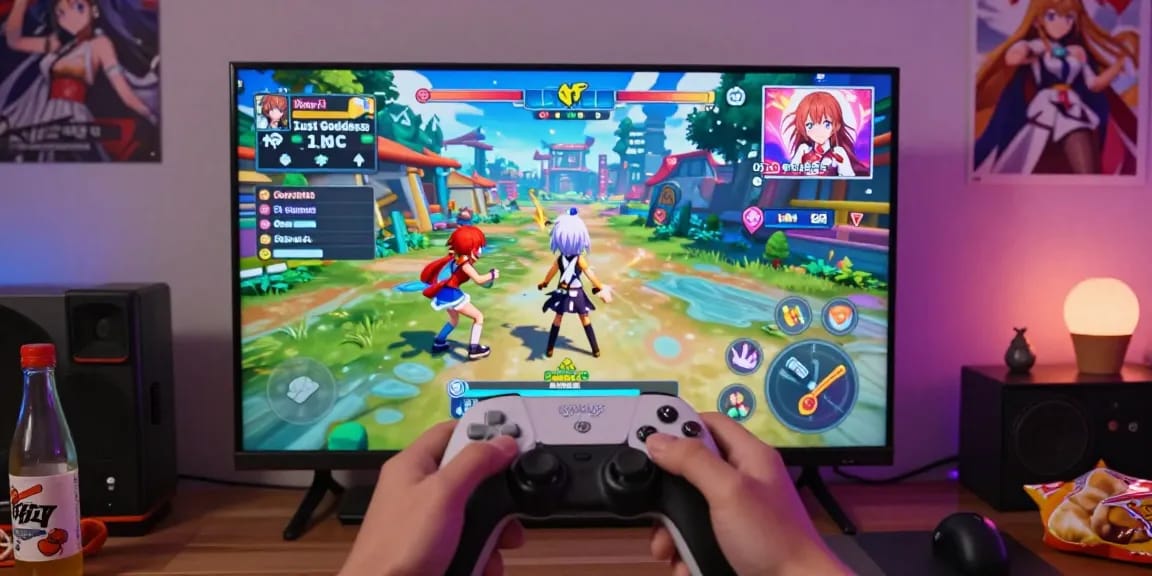 Engaging scene of a player enjoying hentai games in a cozy gaming room.