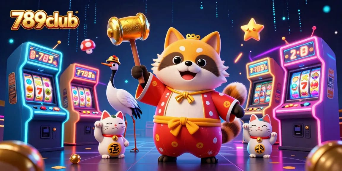 Engage with the luck of 789club in this vibrant 3D casino-themed illustration featuring a cheerful tanuki and gaming elements.