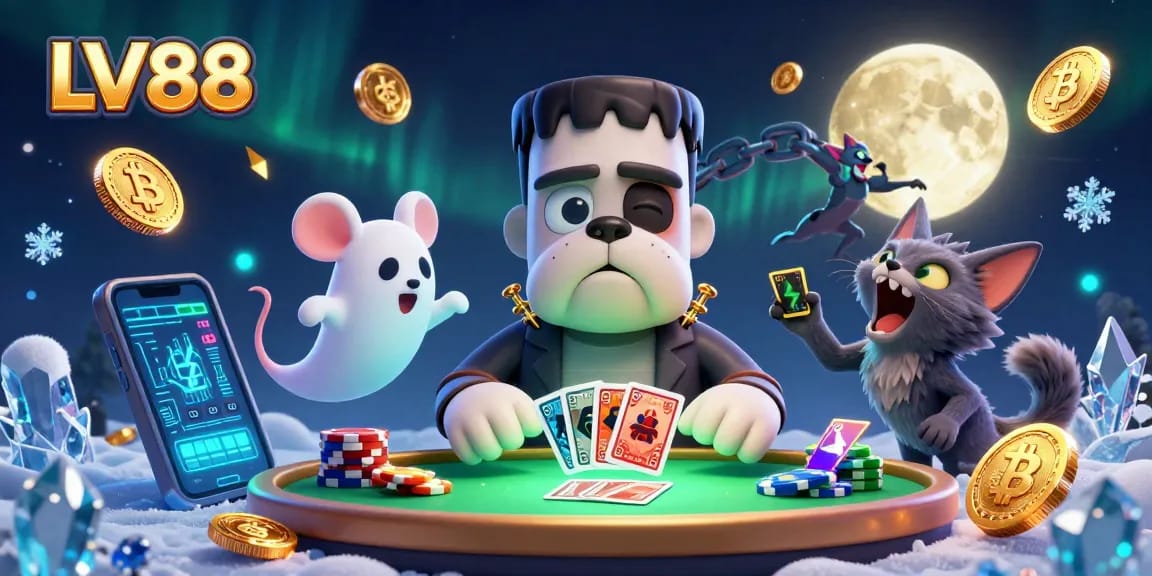 Players engage with thrilling LV88 casino games at a vibrant and spooky scene.