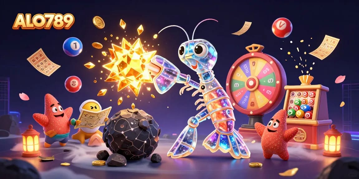 Engage with ALO789 as the galactic samurai shrimp explores an asteroid bursting with gems and coins.