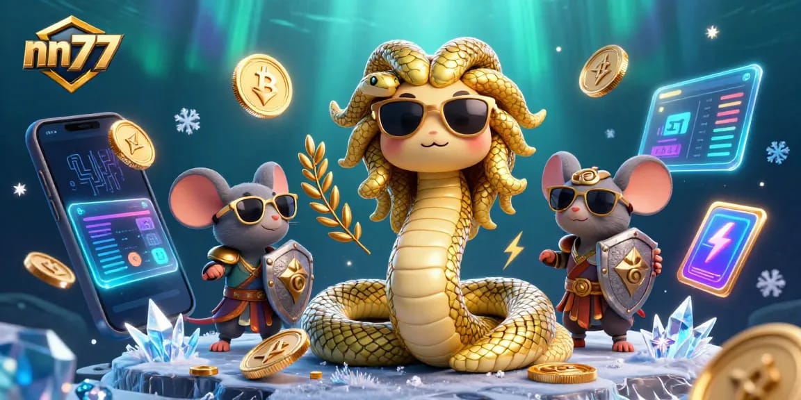 Engage with nn777's dynamic gaming scene featuring a friendly Medusa and a warrior mouse amidst vibrant symbols.