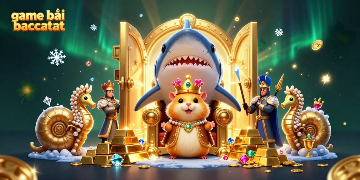 Engage in game bài baccarat, featuring a golden hamster king and treasure-filled scene