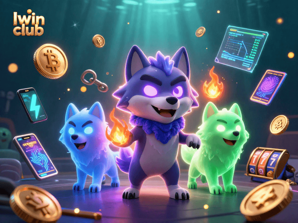 Iwin club showcases thrilling gaming elements with spectral wolves and crypto coins in vibrant 3D
