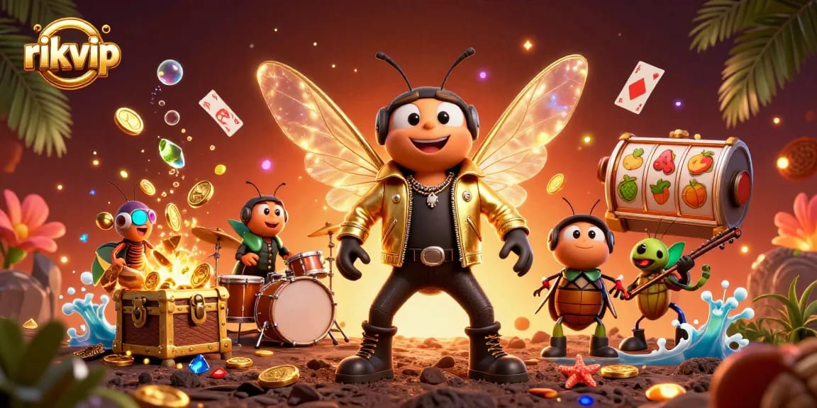 Experience the vibrant world of rikvip with a lively 3D casino scene featuring a rock star cicada.