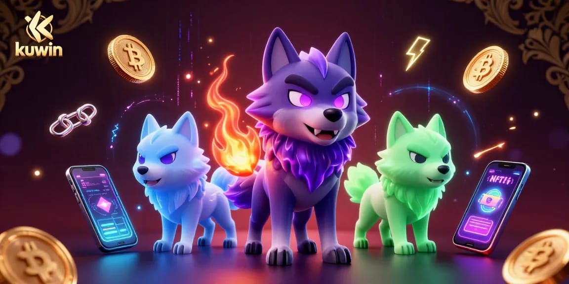 Kuwin's wolf leader leads with glowing eyes in a vibrant 3D gambling scene filled with crypto coins.