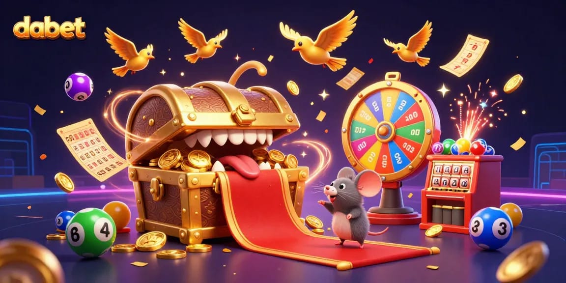 dabet brings you a dynamic gambling scene with vibrant lottery elements and a treasure chest inviting adventurer mice.