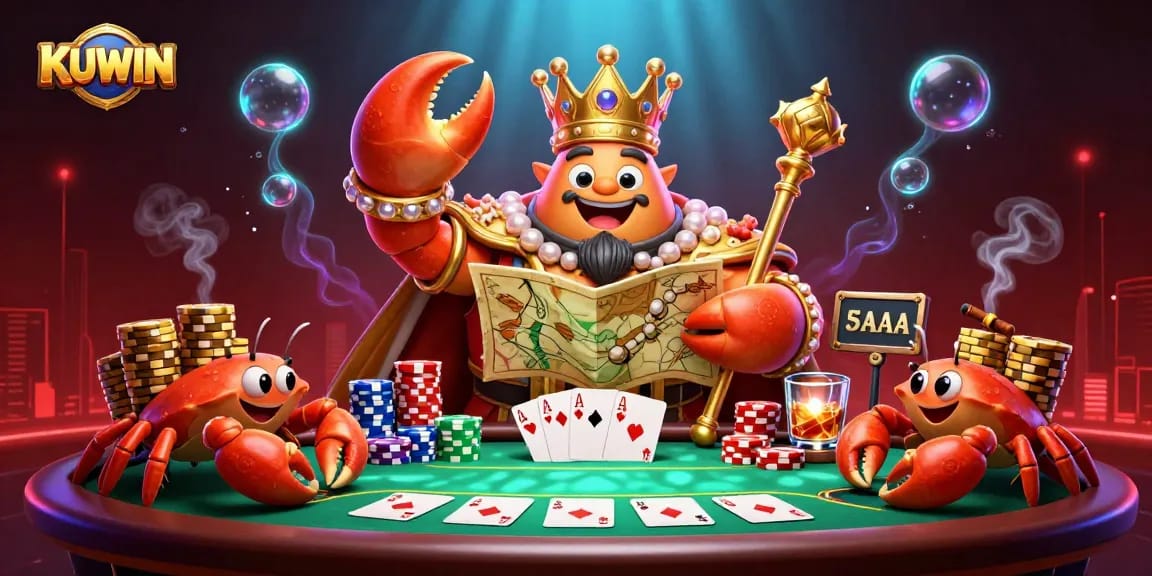 Engage with KUWIN's vibrant casino world featuring a golden crab emperor and poker elements.