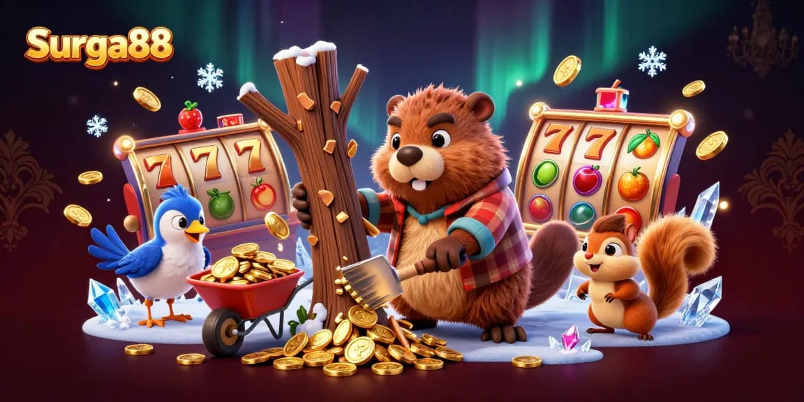 Win big with Surga88 featuring a lumberjack beaver, coins, and vibrant slot game elements.