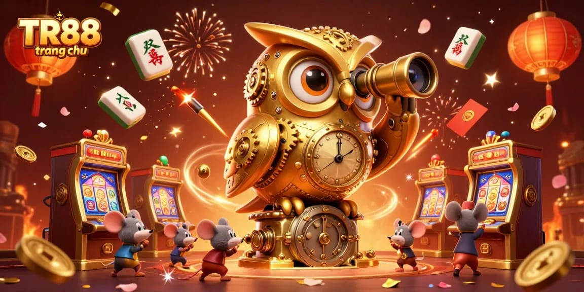 Engage with the vibrant TR88 trang chủ casino scene, featuring a golden owl and animated elements.