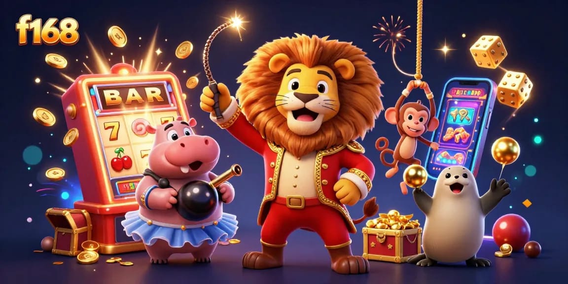 Experience winning with f168's vibrant casino scene featuring colorful characters and thrilling games.