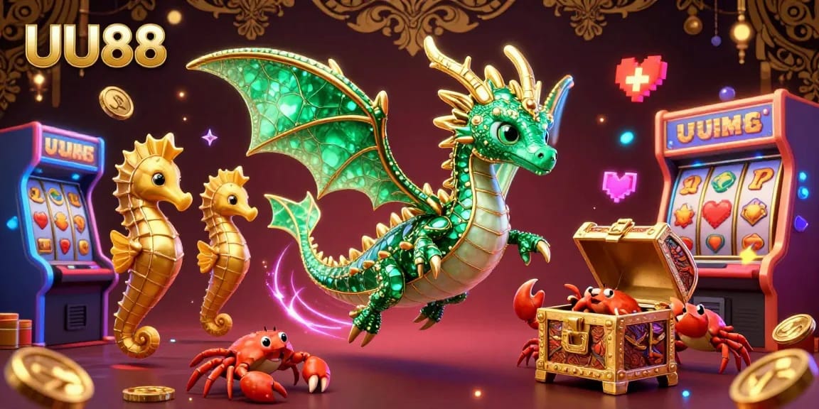 Spin the reels with UU88 featuring a majestic sea dragon amidst vibrant slot elements.