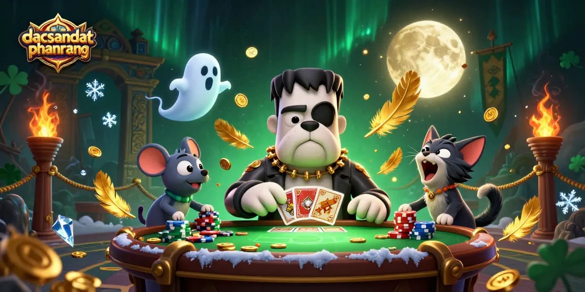 Engage with dacsandatphanrang's thrilling card games at a spooky casino table illuminated by ghostly lights.