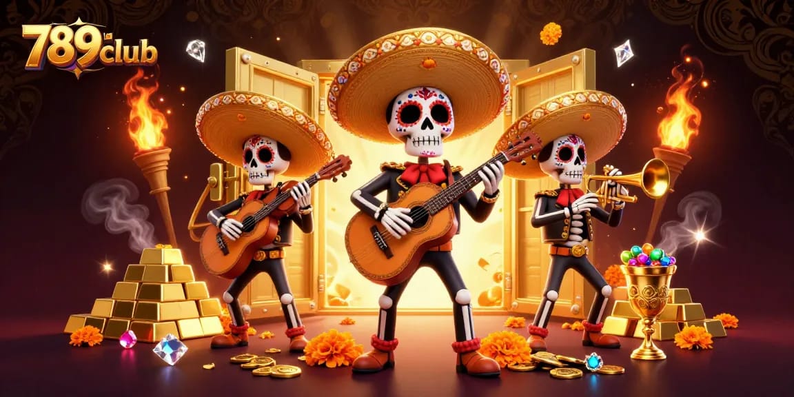 Engage with the vibrant 789club mariachi band amidst golden treasures in this dynamic casino scene.