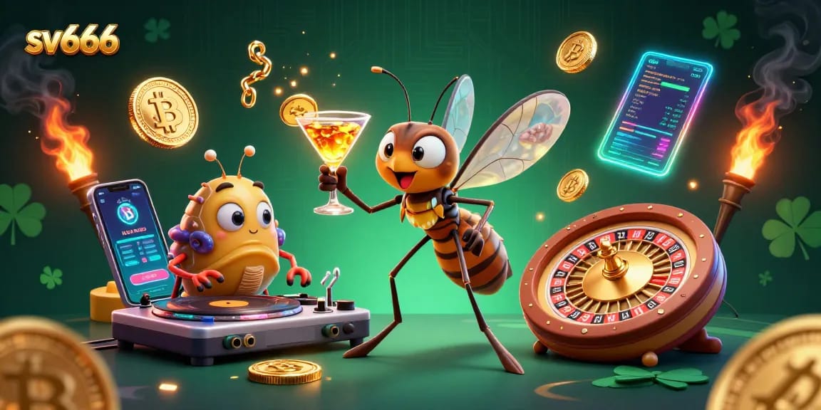 Experience thrilling gameplay at sv666, featuring a unique 3D casino illustration with vibrant crypto elements.