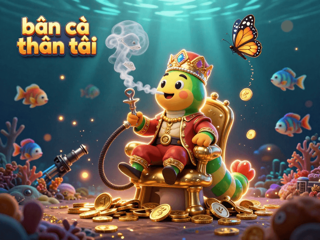 Bắn cá thần tài showcases a vibrant underwater scene with dynamic sea creatures and a hookah-master character.
