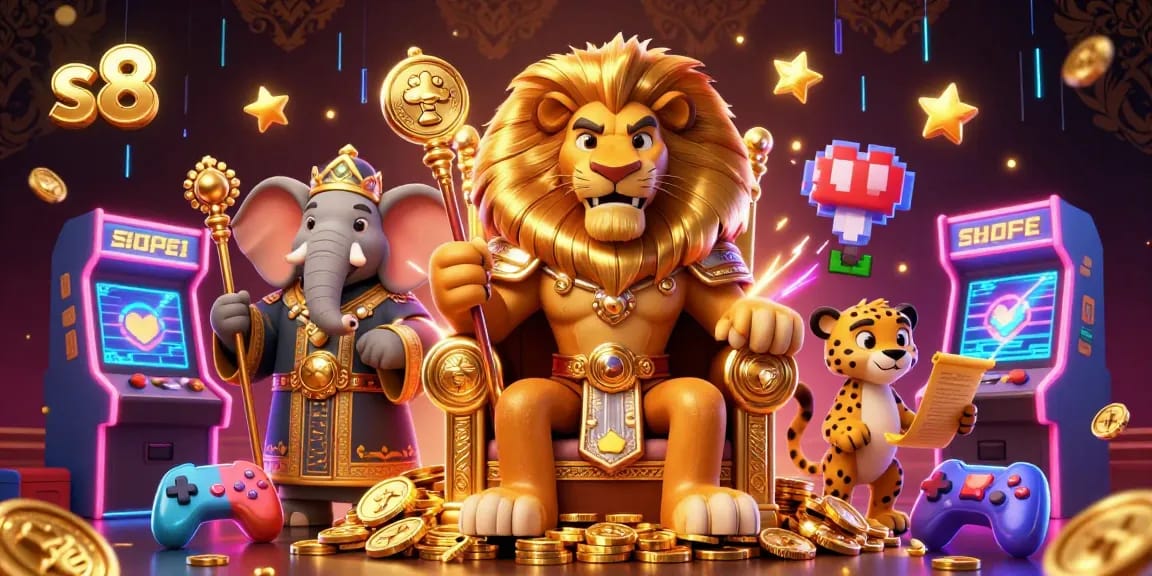 S8 casino features a fierce lion king on a gold throne amid vibrant 3D gaming elements.