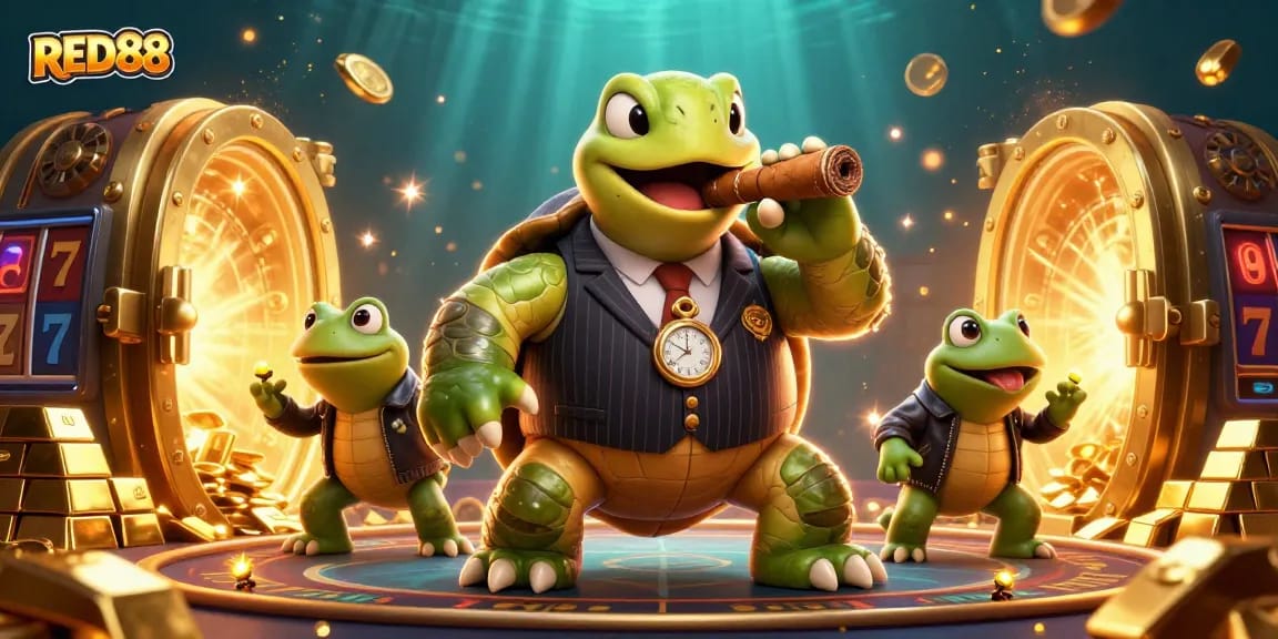 Engage with RED88’s vibrant casino atmosphere featuring a mobster turtle and bullfrog enforcers.