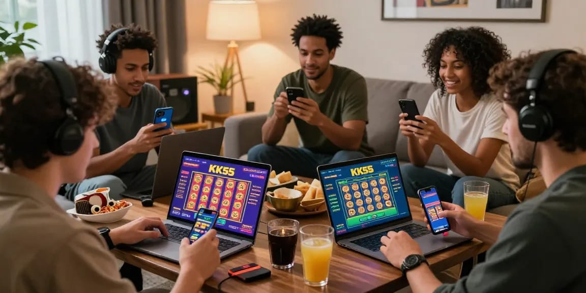 Friends enjoying online gaming at home with KK55 interface on screens, vibrant atmosphere.