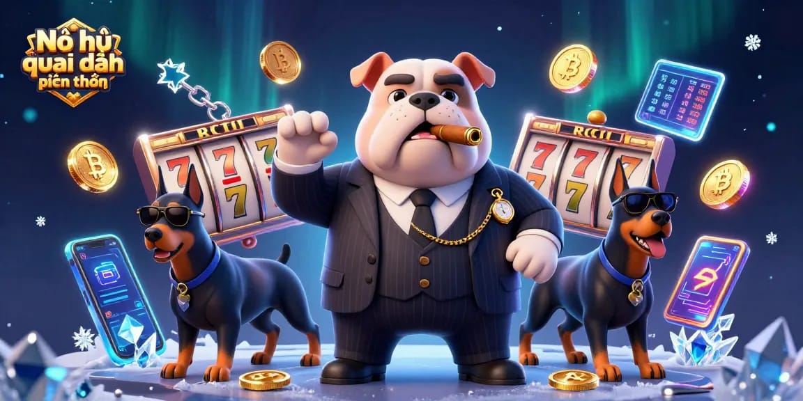 Nổ hũ quyết chiến tiền thưởng with animated characters surrounded by slot reels and crypto coins in a casino scene.