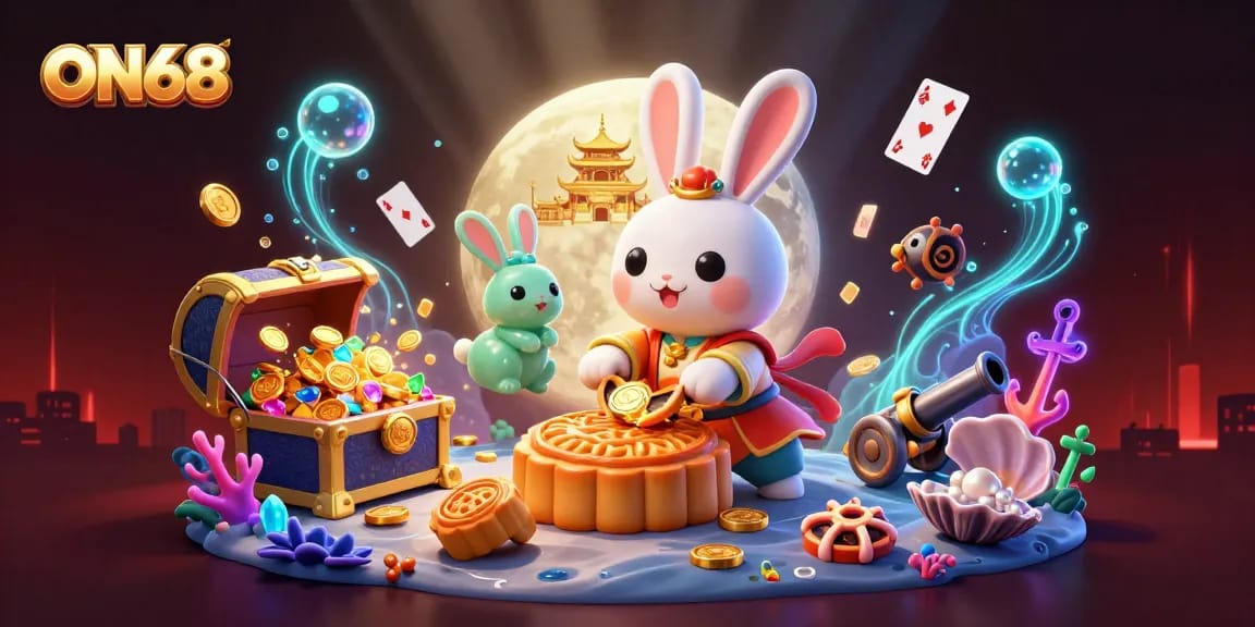 Experience exciting gaming possibilities with ON68 highlighted by festive moon rabbit and vibrant casino elements.