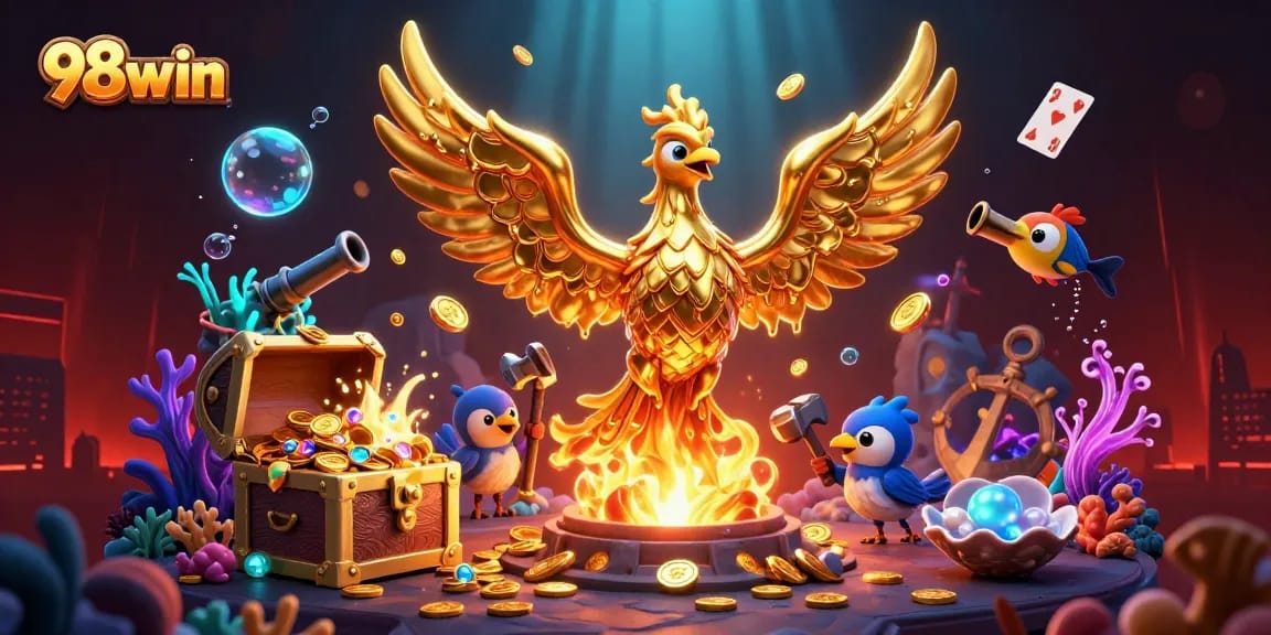 Experience thrilling gameplay at 98win with a golden phoenix emerging from treasures in a vibrant casino world.