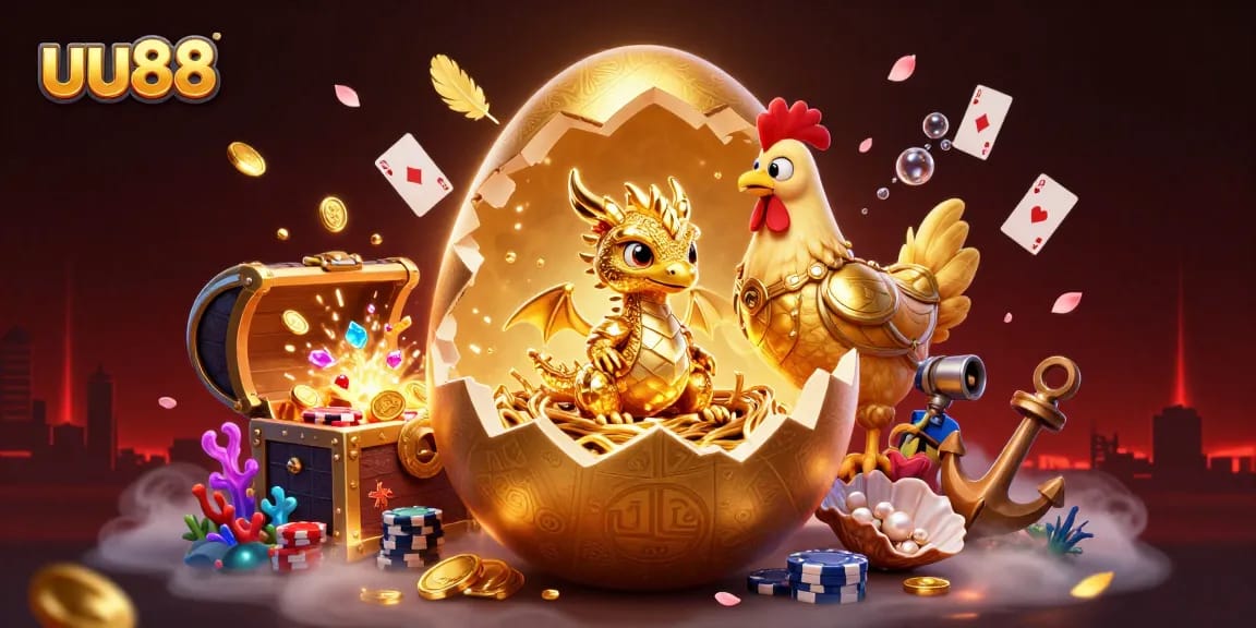Experience the thrill of uu88 with a dragon emerging from a golden egg surrounded by poker chips and captivating gaming elements.