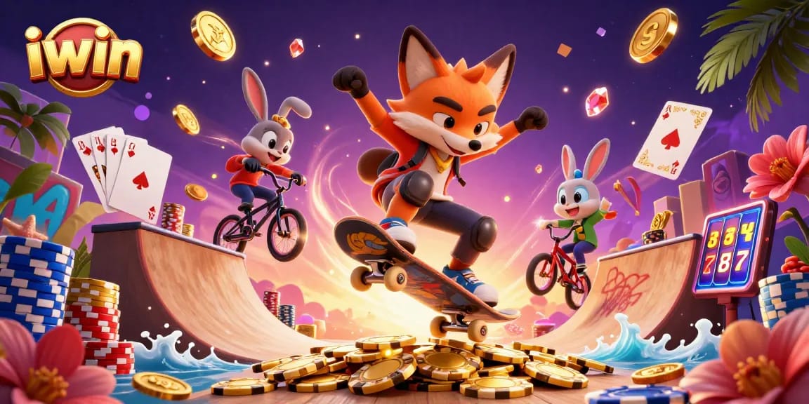 iwin ignites excitement with a lively 3D casino scene featuring gaming characters and vibrant elements.