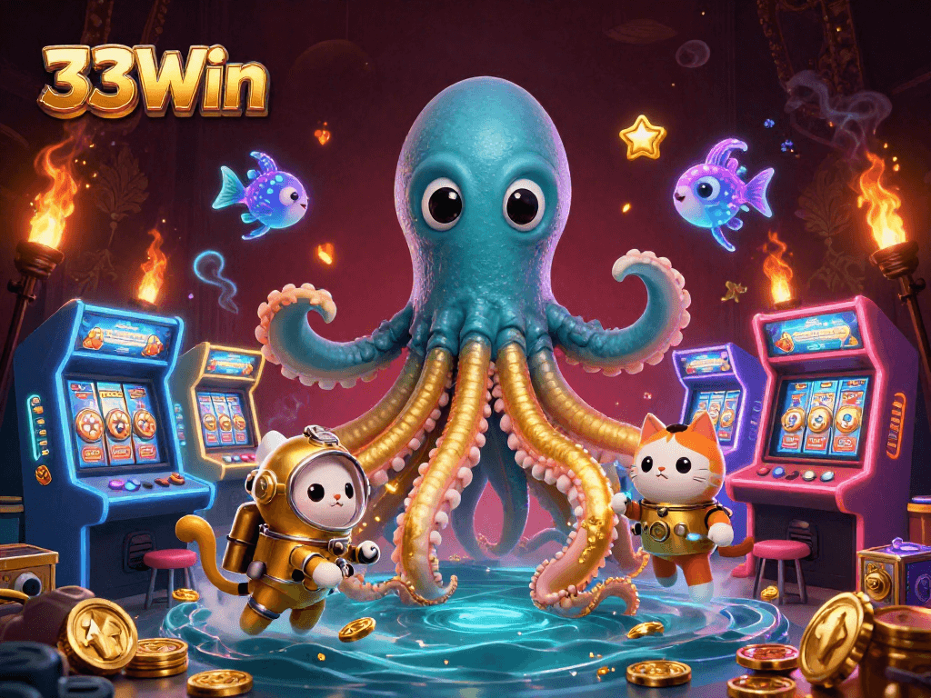 Engage with thrilling gameplay at 33Win with the colossal kraken and diving cat in a vibrant casino scene.