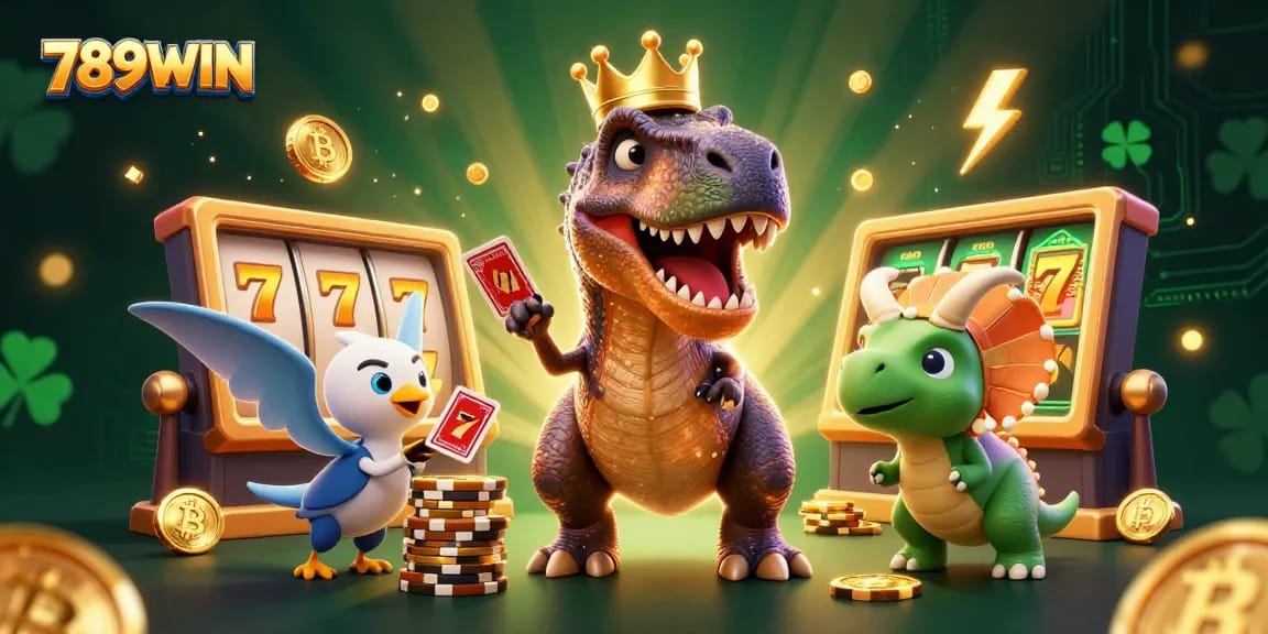 Engage with 789WIN as a T-Rex and friends take on the slots in this vibrant casino scene.