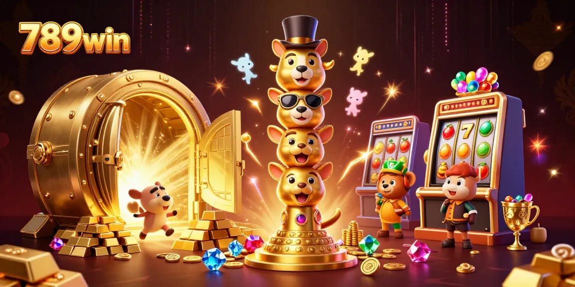 Enjoy vibrant slot action with 789win in a colorful golden casino scene.