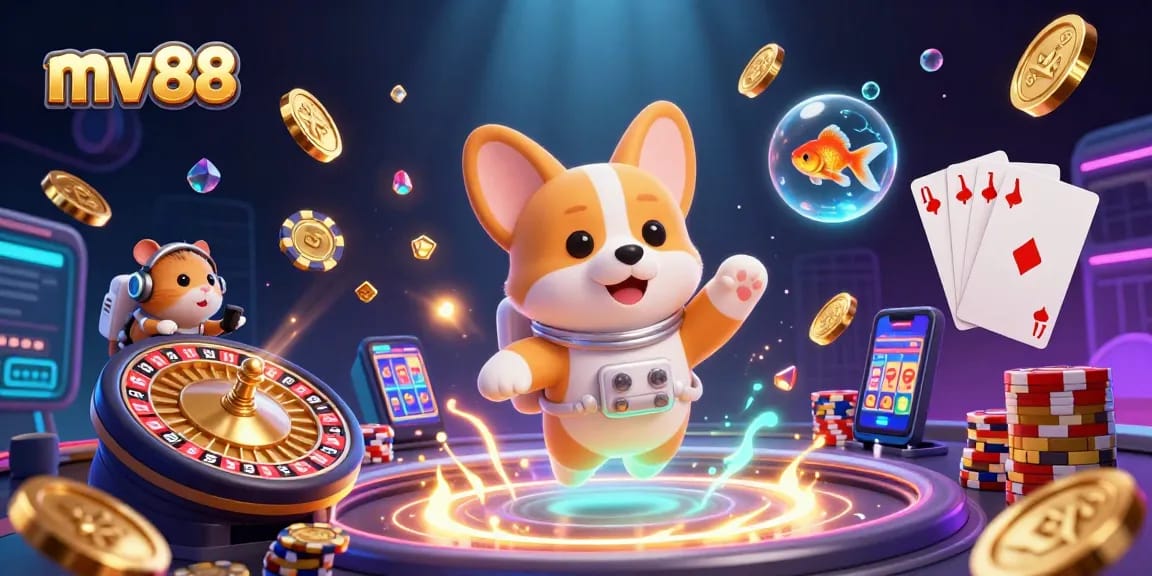Experience exhilarating gameplay at mv88 with a 3D astronaut corgi exploring a floating casino and golden winnings.