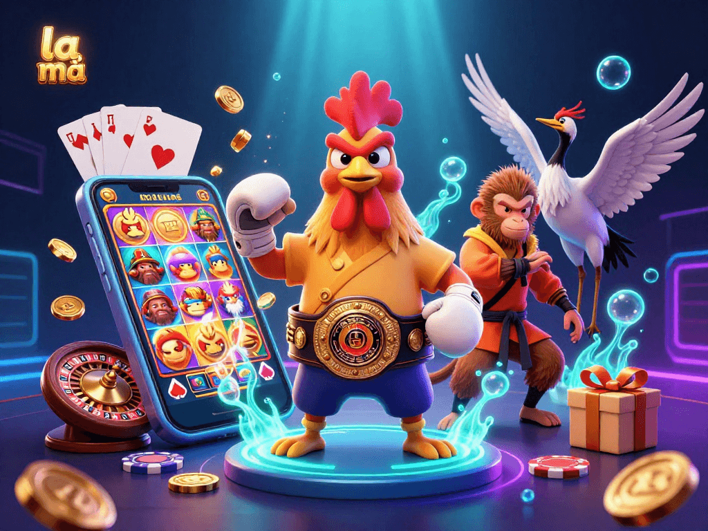 Experience thrilling casino action with la mã's vibrant illustration of mascots amidst gaming elements.