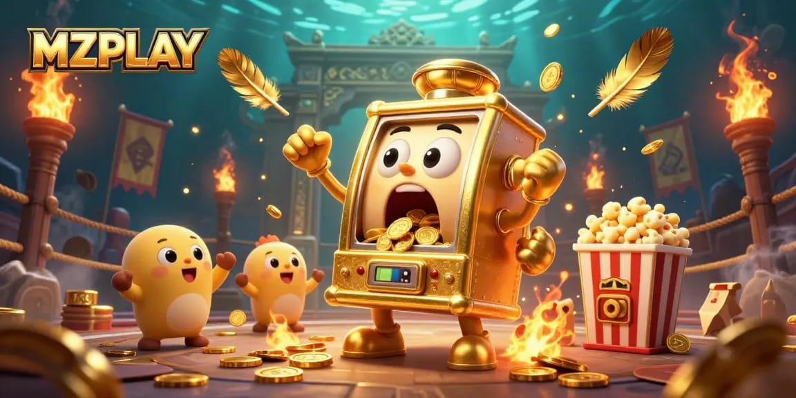 MZPLAY showcases a cartoon slot machine winning big, celebrating as coins overflow in this vibrant casino scene.