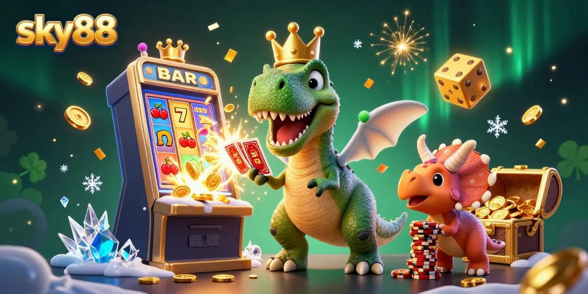 Sky88-themed illustration showcasing a T-Rex and pterodactyl in a vibrant casino scene, radiating excitement.