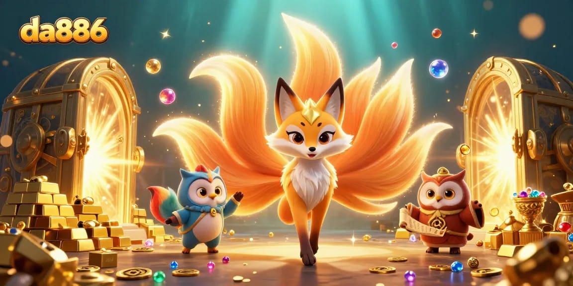 Engage with da886’s vibrant gaming scene showcasing a nine-tailed fox, owl, and treasures.