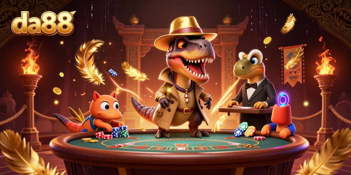 da88 card counter velociraptor blends into a blackjack table scene full of vibrant casino action.