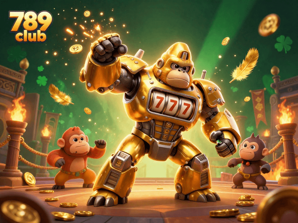 Experience the thrill of the 789 club with a dynamic 3D scene featuring a golden gorilla mech and vibrant casino elements.