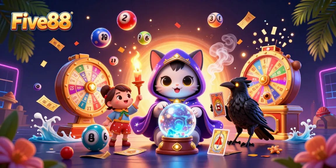 Engage with Five88's dynamic casino atmosphere featuring vibrant game elements and mystical characters.