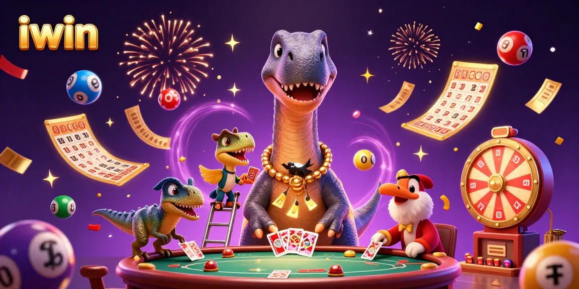 Engage with iwin's colorful casino scene featuring animated characters and exciting prizes.