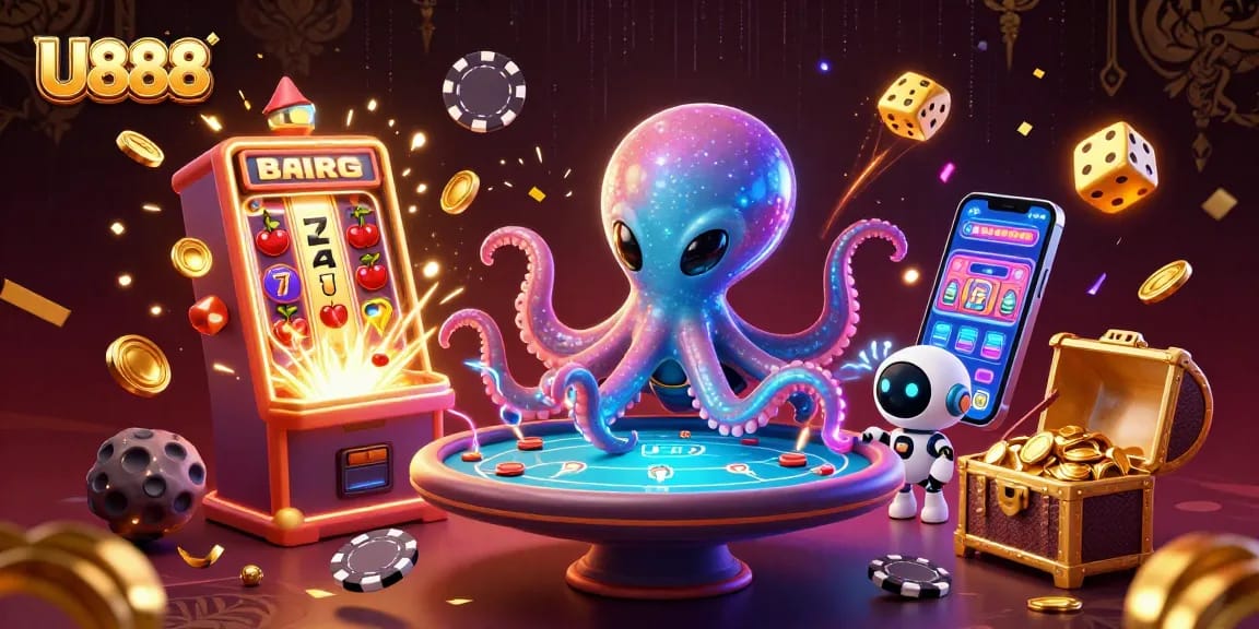 Experience thrilling games at U888 with an alien octopus mastering a holographic poker table in a vibrant casino scene.