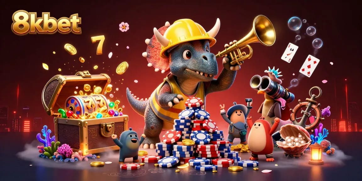 Engage in thrilling gameplay at 8kbet with exciting slot reels and poker chip pyramids.